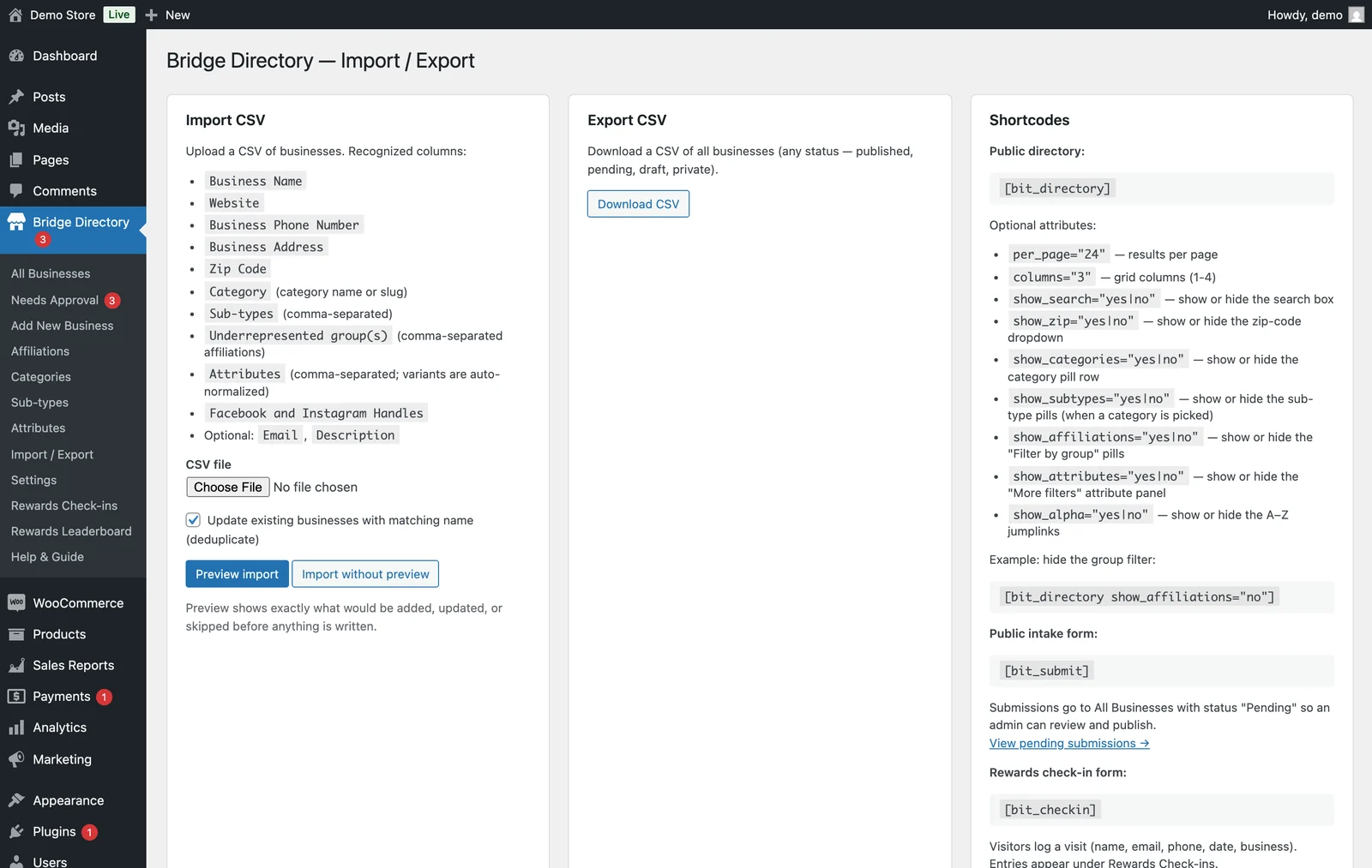 Bulk import, export, and the shortcodes